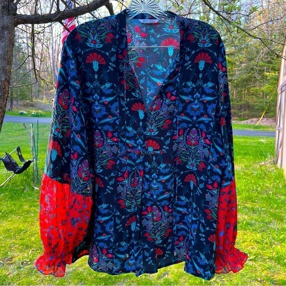 Benares V-Neck Long Sleeve Lightweight Floral Blouse XL